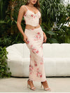 Floral Mesh V-Neck Crop Top + Split Skirt Set