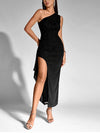 One Shoulder Sequin Mesh Slit Ruffles Party Dress
