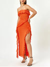 Mesh Strapless Ruffle Side Split Maxi Dress