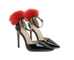 Red Pompom Leather Thin High Heel