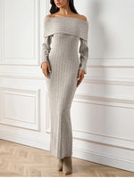 Off-Shoulder Long Sleeve Knitted Maxi Dress