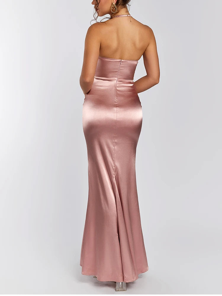 Backless Halter V-Neck Satin Corset Dress