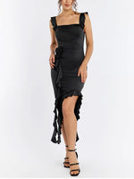 Black Applique Ruffle Square Neck Dress