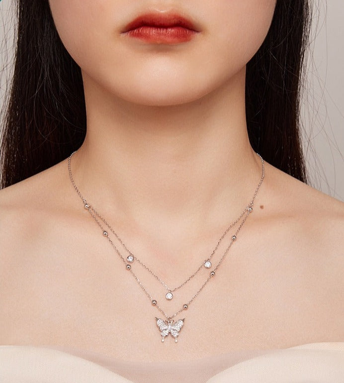 Sterling Silver Double Layers Butterfly Necklace