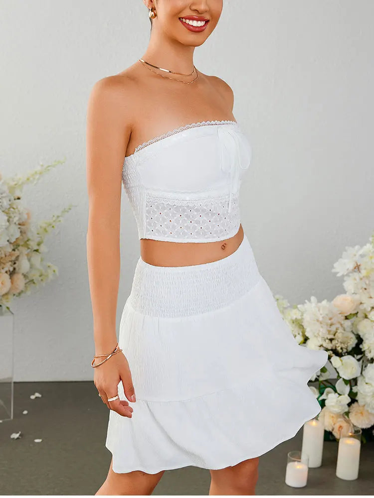 Strapless Bow Tie Lace Crop + Ruched Skirt Set