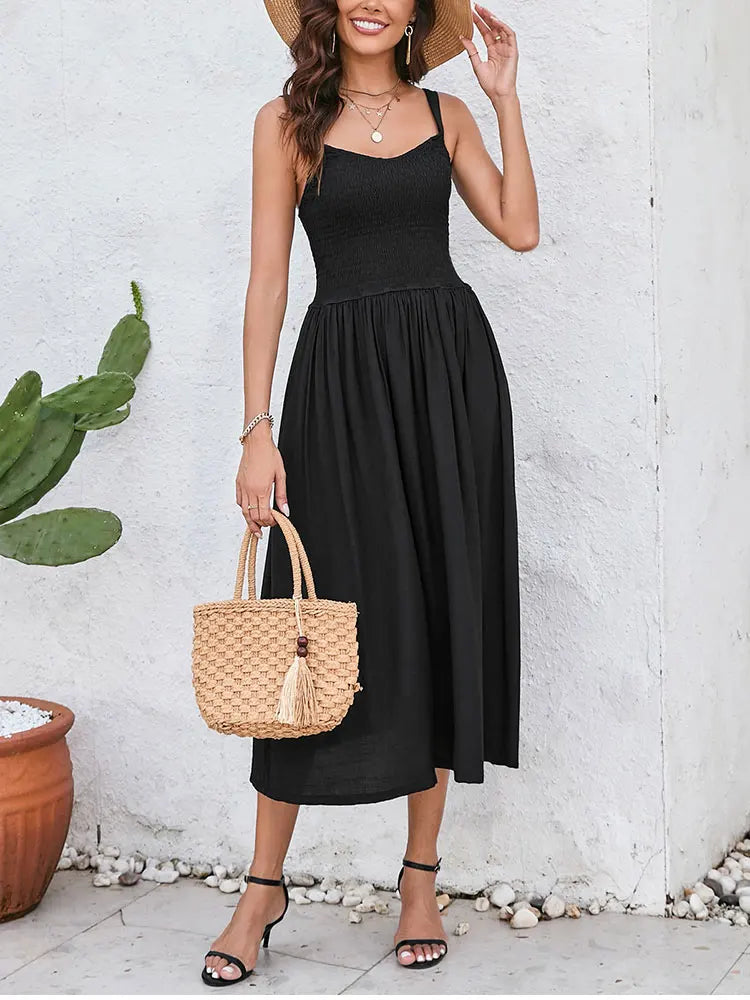 Adjustable Straps Pleated V-neck Ruched Dress