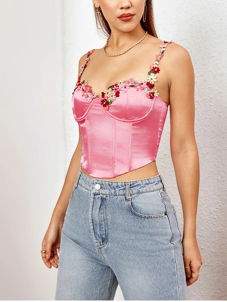 Flower Strap Satin Corset Top