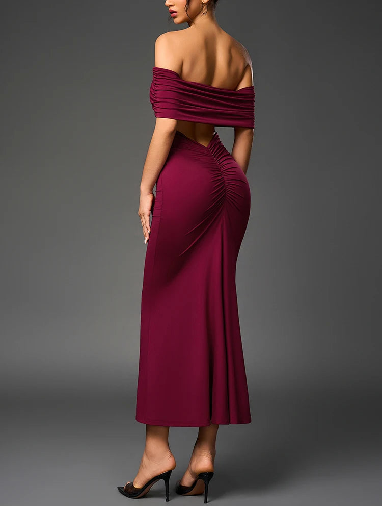 Backless Off Shoulder Double Layers Ruched Dress