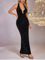 Sequin Backless V-neck Split Thigh Maxi Dress