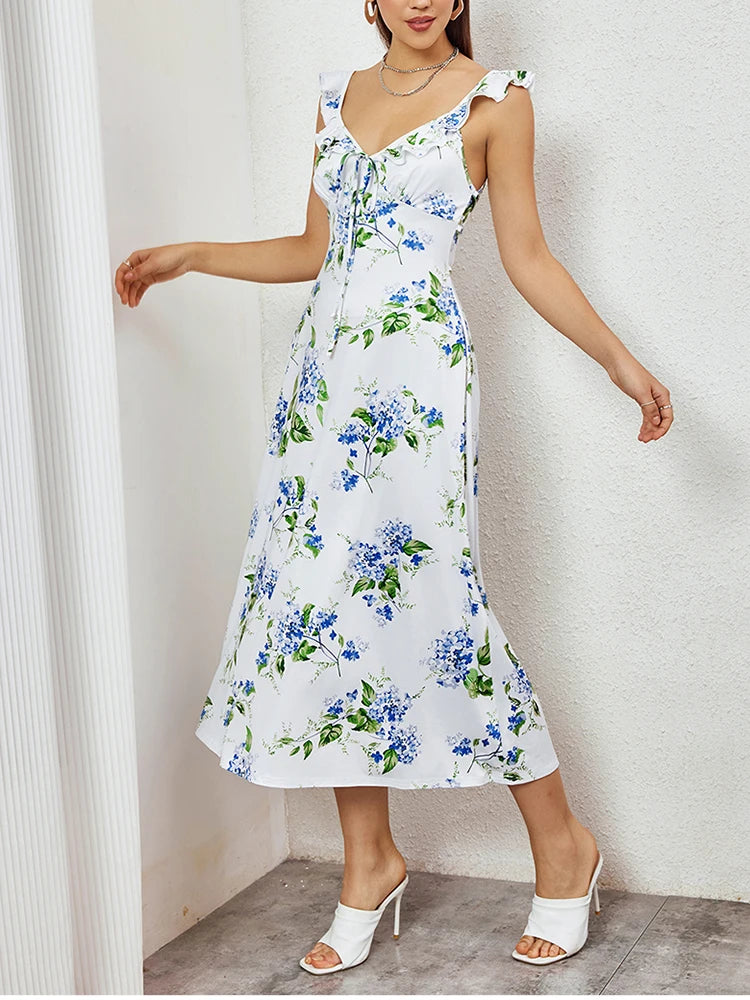 Floral Ruffle V-neck Tie Up Long Dress