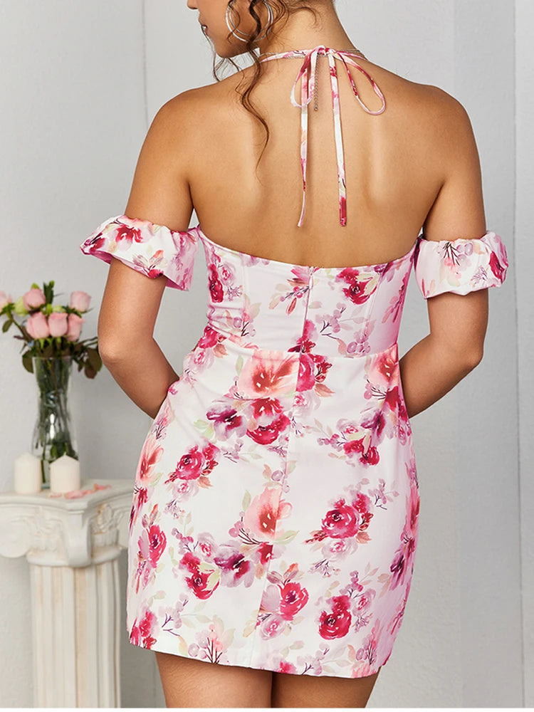 Sweet Floral Off-Shoulder Halter Dress