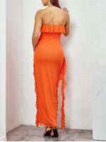 Mesh Strapless Ruffle Side Split Maxi Dress