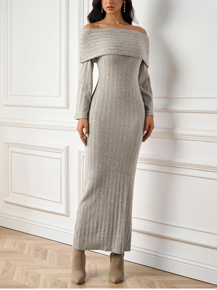 Off-Shoulder Long Sleeve Knitted Maxi Dress