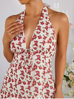 Halter V-Neck Backless Floral Tie Up Dress