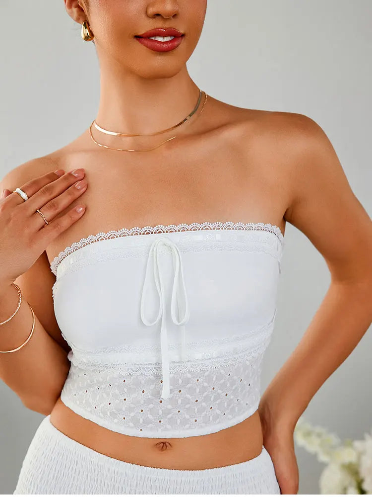 Strapless Bow Tie Lace Crop + Ruched Skirt Set