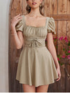 Lace Puff Sleeve Waist Tie-Up Square Neck Dress