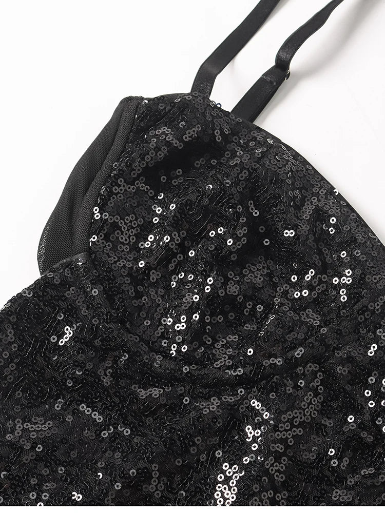 Sparkle Sequin Mesh Built-in Cups Double Layer Long Dress