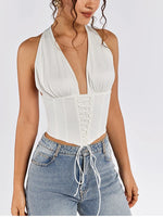 Halter V-neck Tie Up Ruched Corset Top