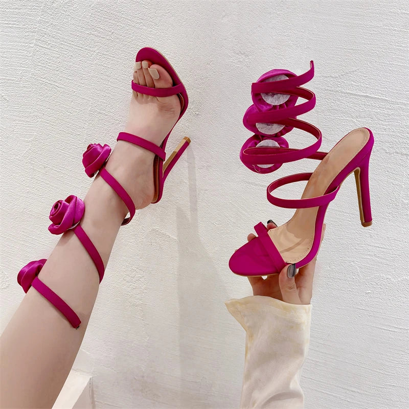 Pointed Toe Flower Microfiber PU Band High Heel