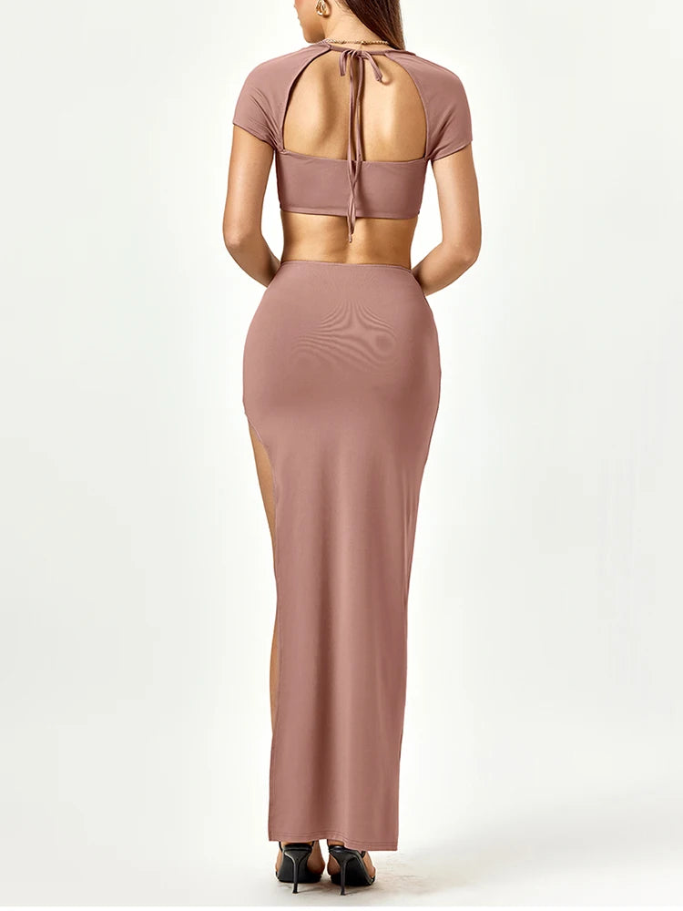 Cut Out Crop Top & Side Split Long Skirt Set