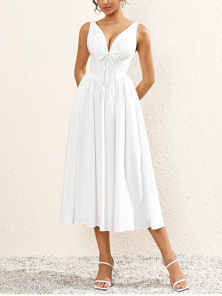 V-Neck Tie Up Backless Ruched Corset Dress