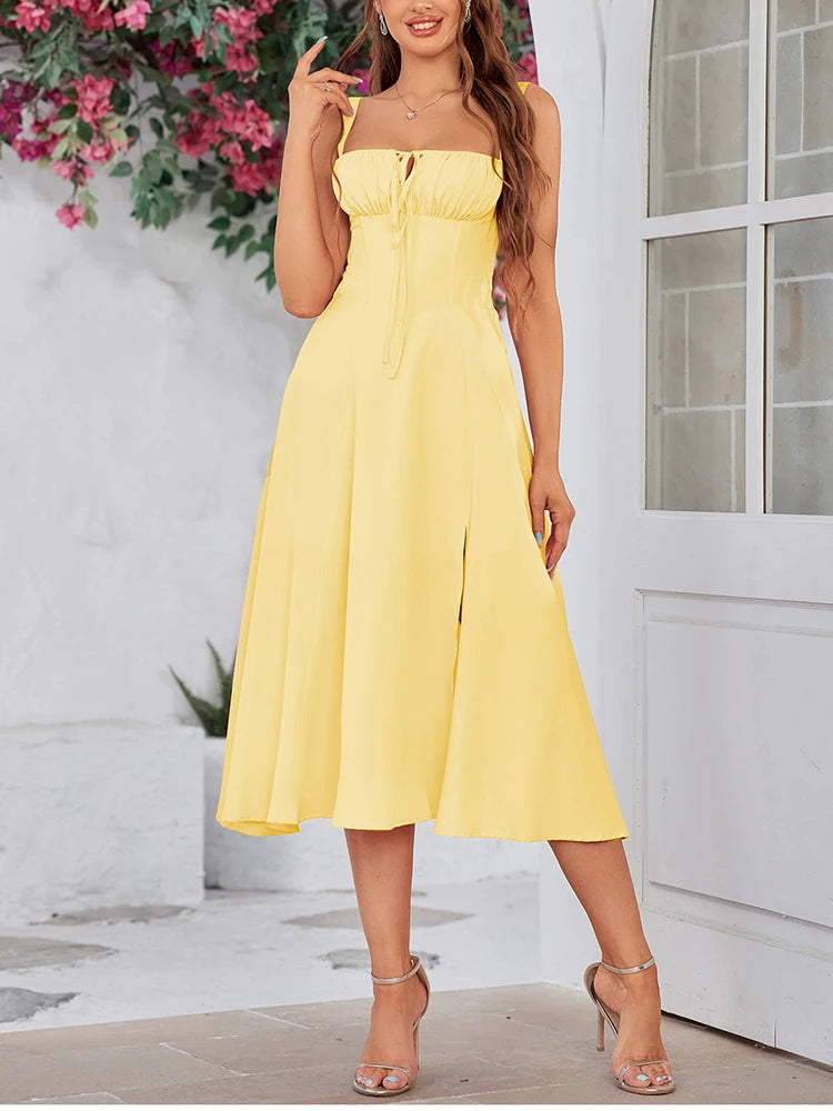 Chiffon Corset Flowy Slit Lace-Up Dress