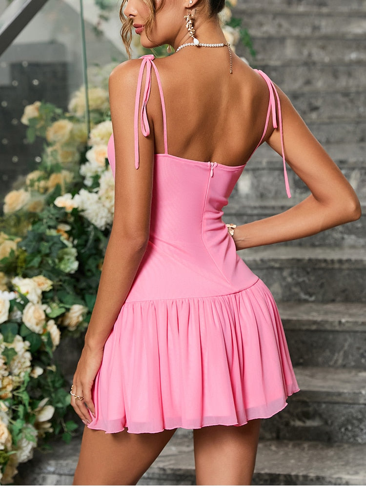 Sweet Mesh Backless Ruched Mini Dress