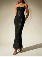 Sparkle Sequin Mesh Built-in Cups Double Layer Long Dress