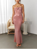 Rose Applique Strapless Fishbone Maxi Dress