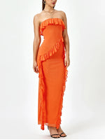 Mesh Strapless Ruffle Side Split Maxi Dress