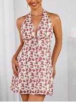 Halter V-Neck Backless Floral Tie Up Dress