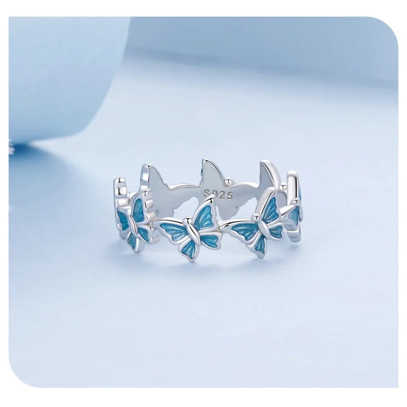 925 Silver Blue Plated Butterfly Ring