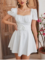 Lace Puff Sleeve Waist Tie-Up Square Neck Dress