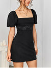 Lace Puff Sleeve Square Neck Back Tie-Up Dress