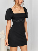 Lace Puff Sleeve Square Neck Back Tie-Up Dress