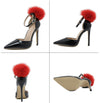 Red Pompom Leather Thin High Heel