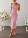 Pink Lace Tie-Up Mesh Ruched Long Dress