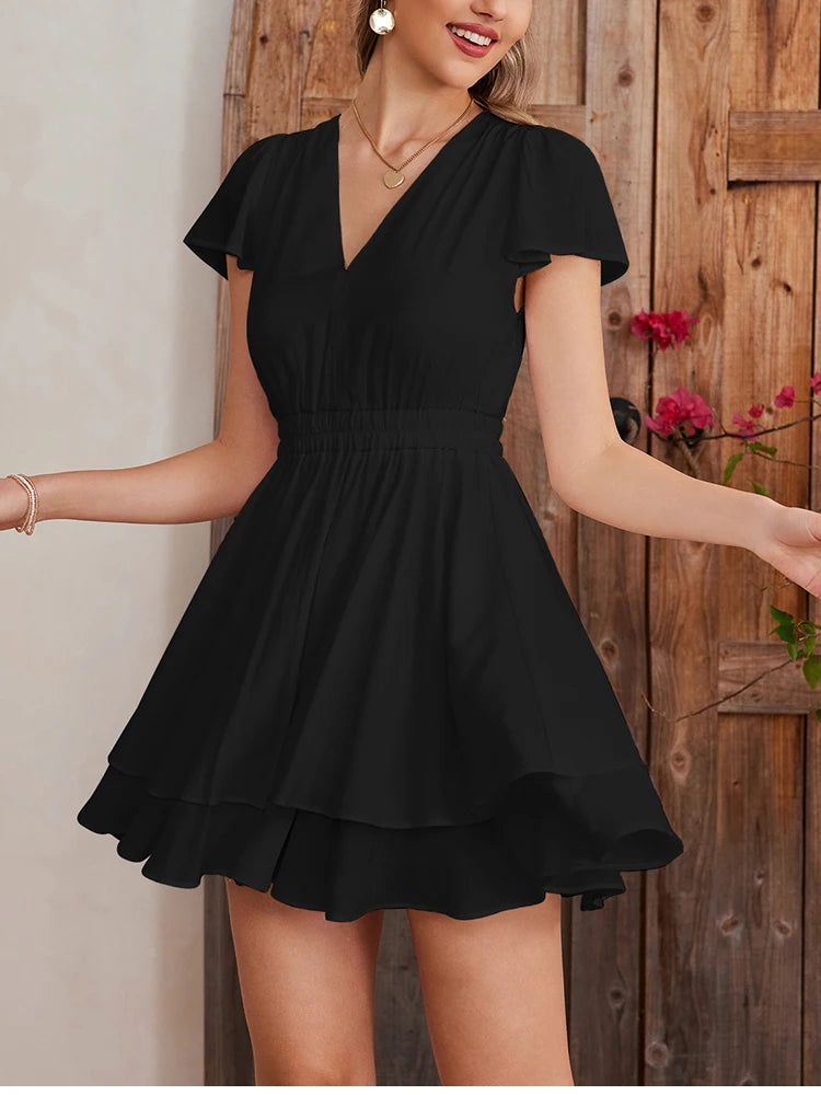 Ruffle Swing Short Sleeve V-Neck Dress