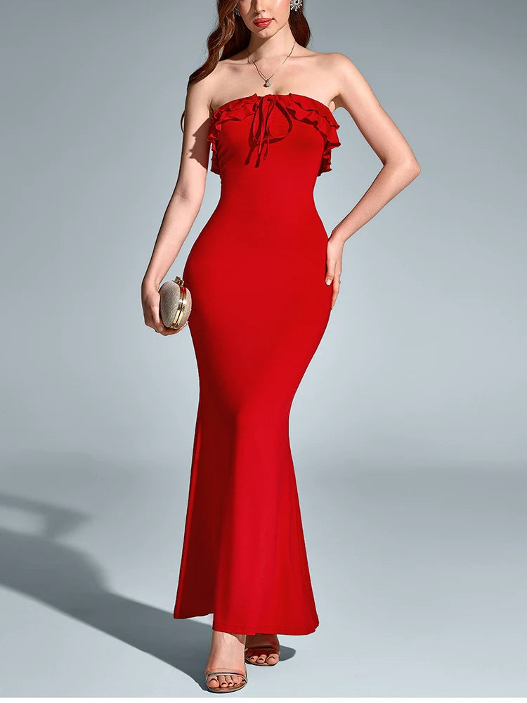 Strapless Double Layers Tie Up Ruffled Dress