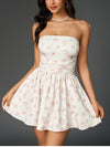 Double Layers Strapless Floral Bow Ruched Mini Dress