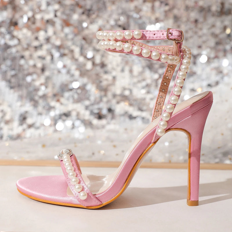 Pearls Ankle Strap Thin High Heels Sandals