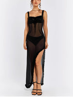 See-Through Ruffle Edge Mesh Maxi Dress