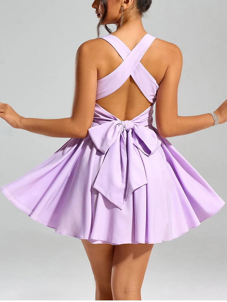 Backless Bow Tie Straps Ruched Short Dress