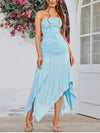 Asymmetric Hem Ruched Sleeveless Maxi Dress