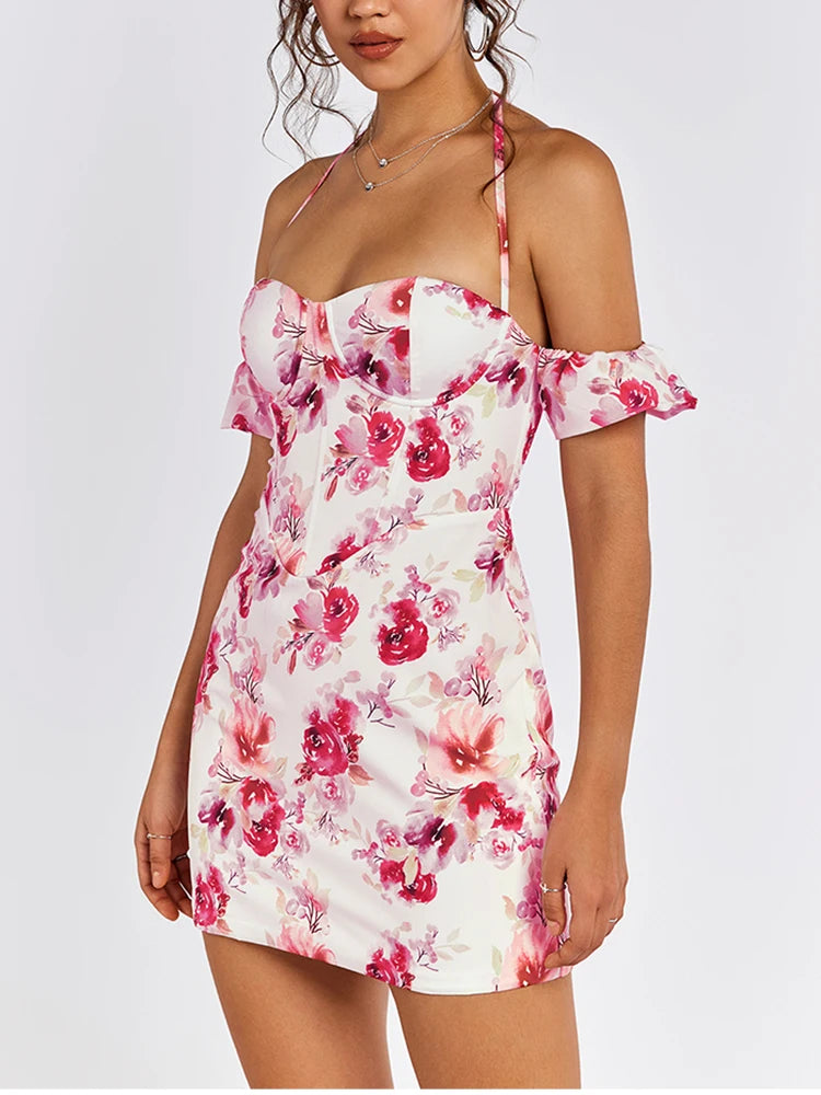 Sweet Floral Off-Shoulder Halter Dress