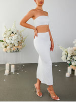 Lace Strapless Tie Up Crop Top+Side Slit Skirt Set