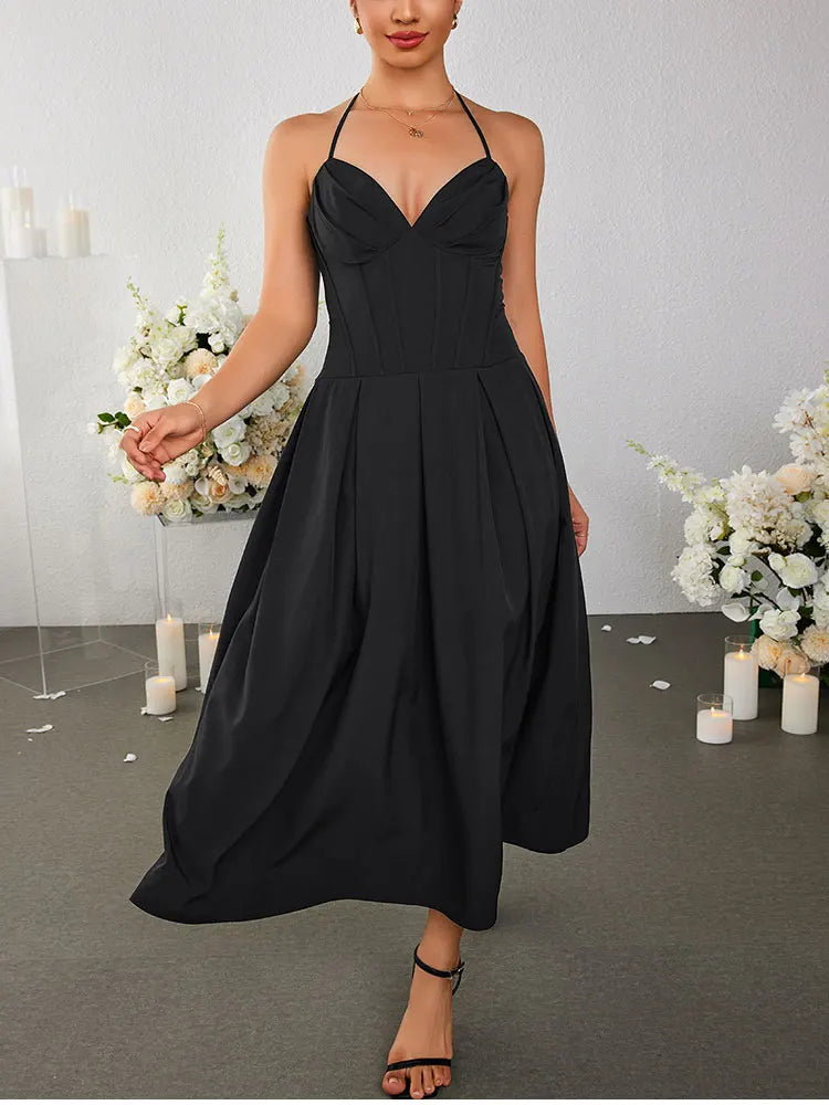 Halter V-Neck Backless Corset Double Layers Dress