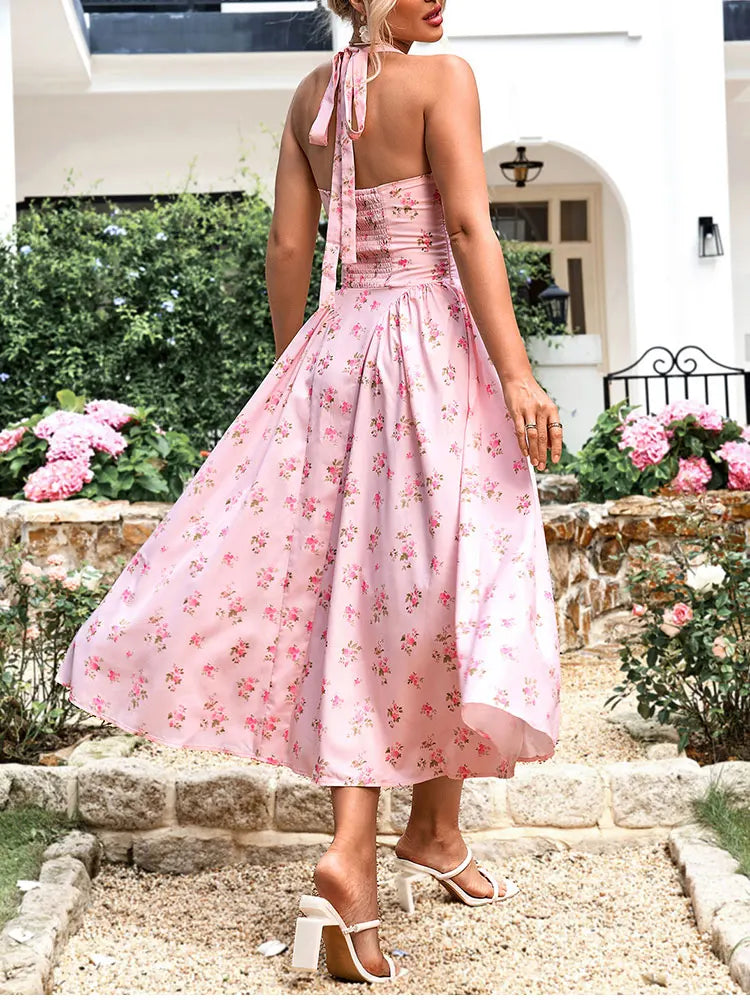 Floral Halter Straps Tie Up Backless Corset Dress