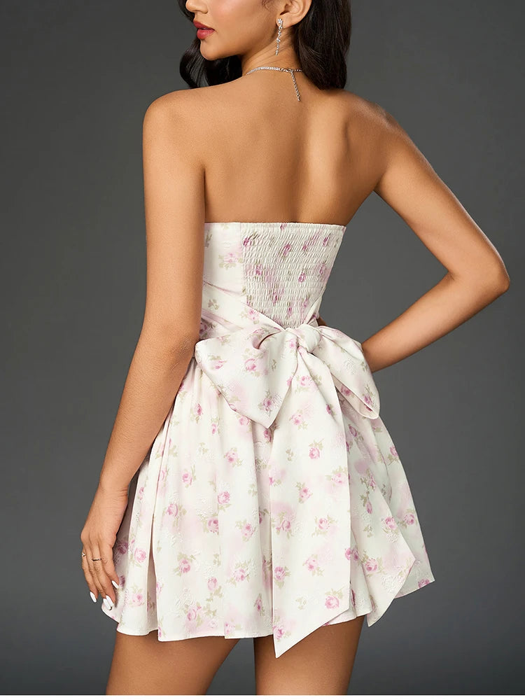 Double Layers Strapless Floral Bow Ruched Mini Dress