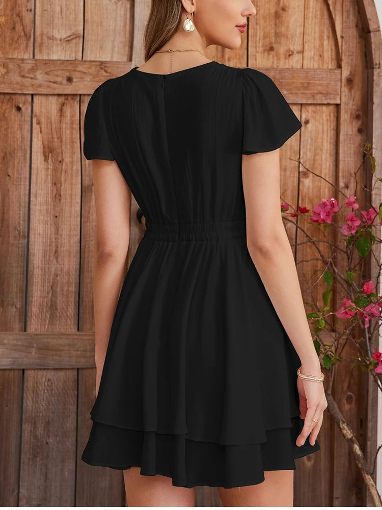 Ruffle Swing Short Sleeve V-Neck Dress